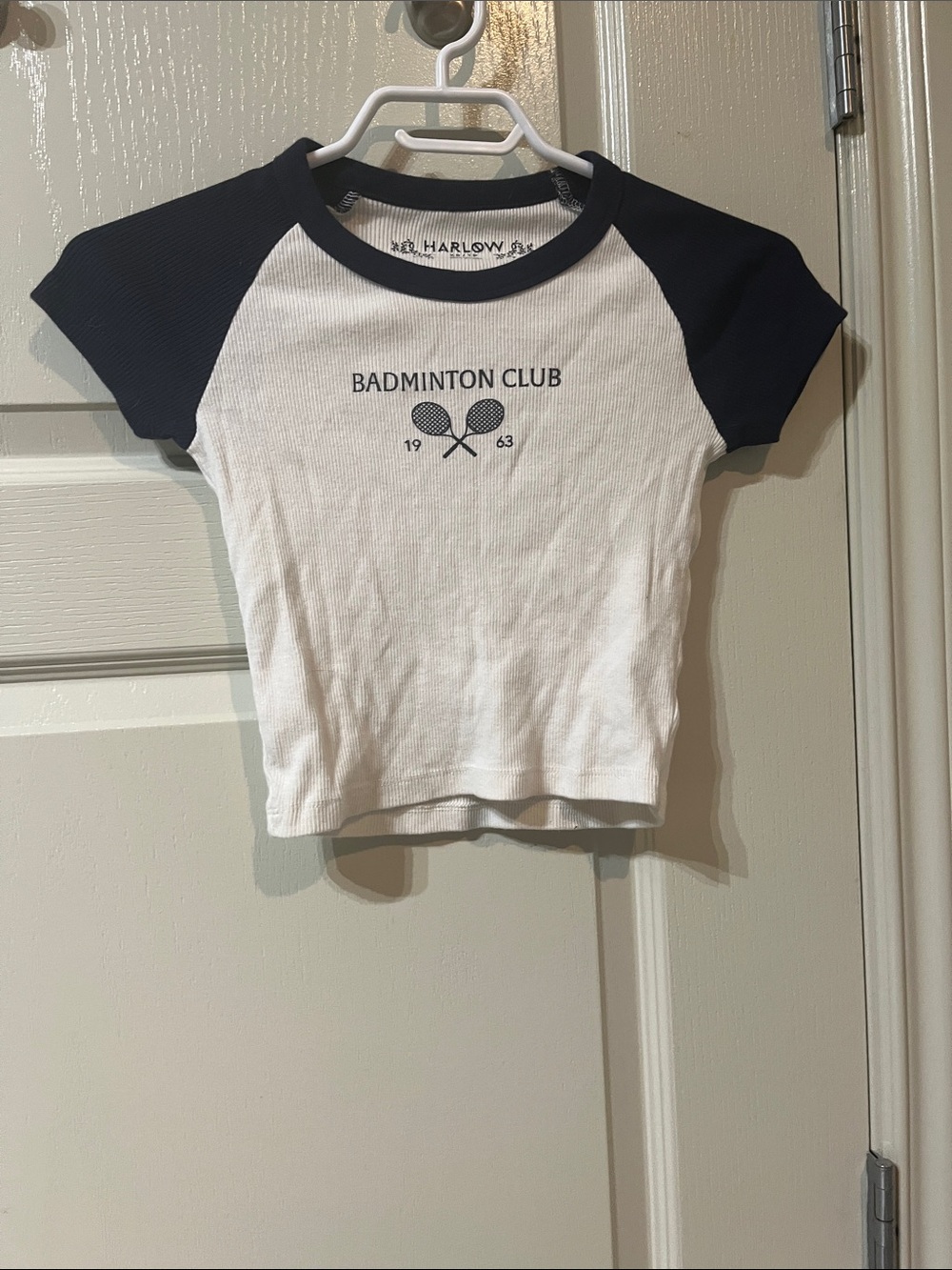 Harlow White Tee with Navy Raglan Sleeves - Badminton Club Graphic